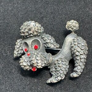 Vintage Poodle Brooch with Red Rhinestone Eyes